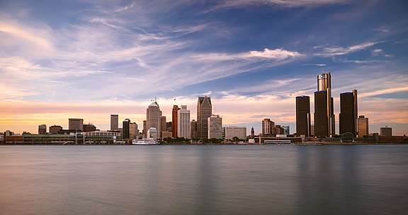 Detroit city's skyline on a cloudy day
